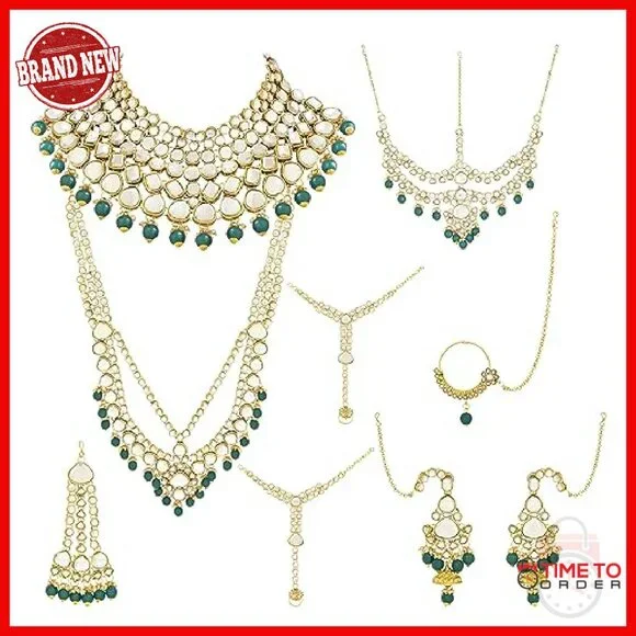 Gold Plated Kundan Bridal Jewelry Set with Pearl Necklace Earrings